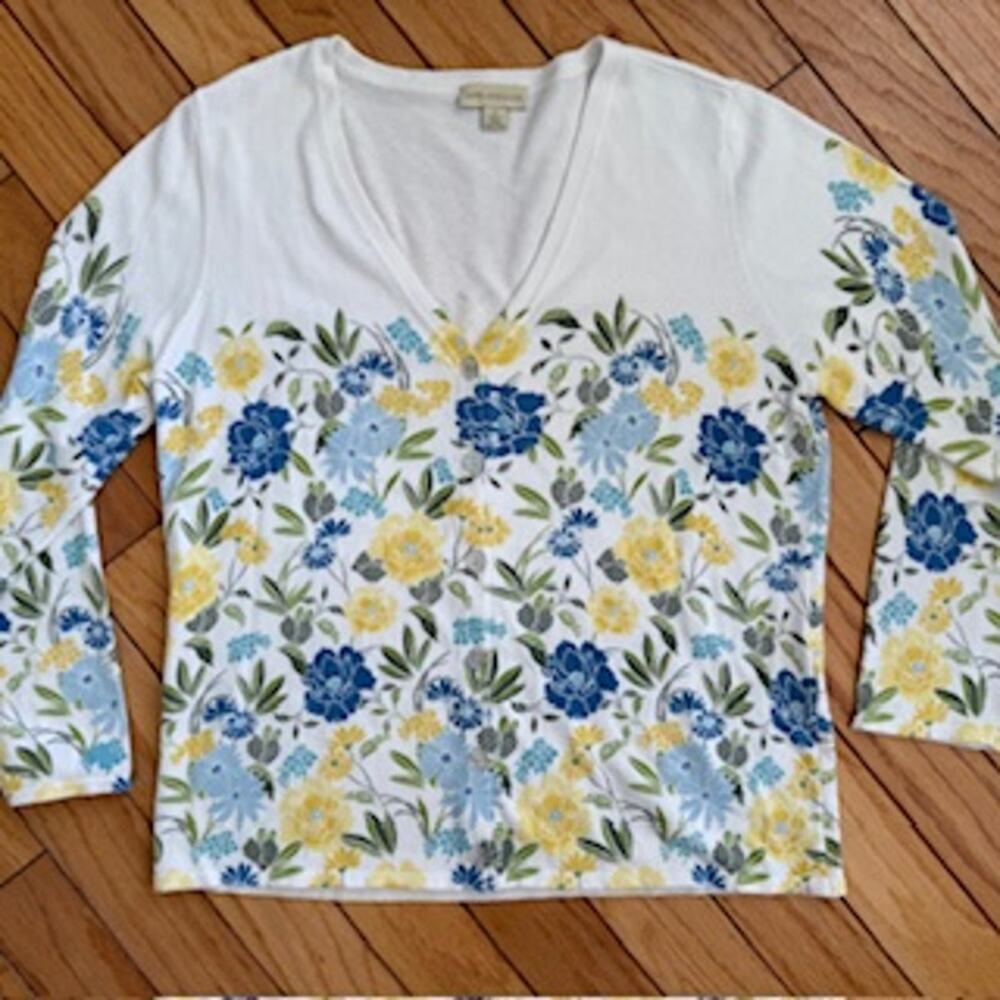 Women Appleseed's L Blue Yellow Floral Cardigan Sweater Cottagecore Grandmacore